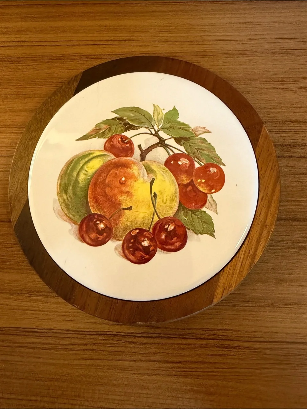 Vintage Ozark Walnutware Trivet Ceramic Tile Inlay Fruit Peach Cherries MCM